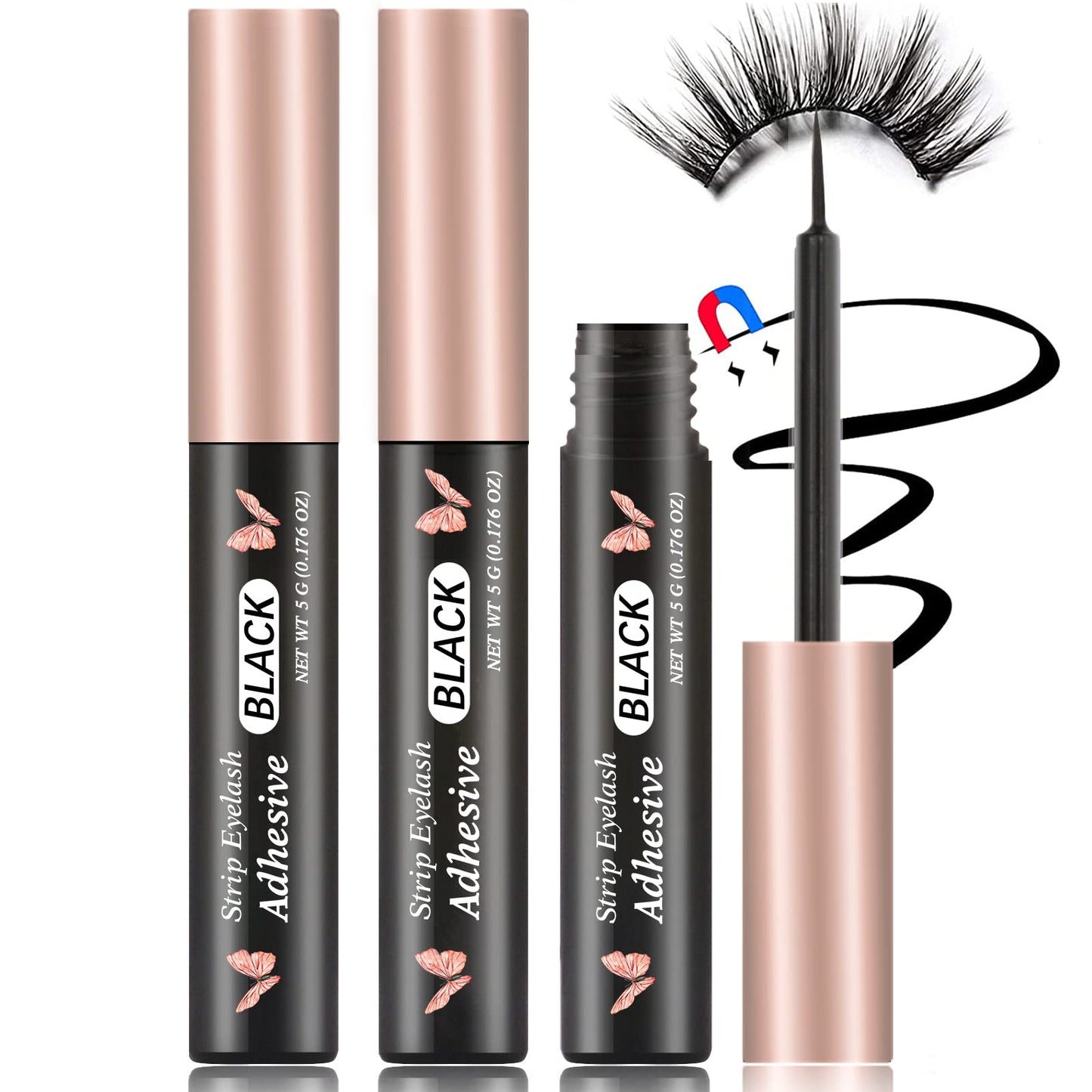Magnetic Eyeliner 3PCS Smudge Resistant Magnetic liner,Works with All Magnetic Eyelashes,No iron powder and Natural Look,Easy to apply and No Glue needed (3PCS, Rose Gold+Black)