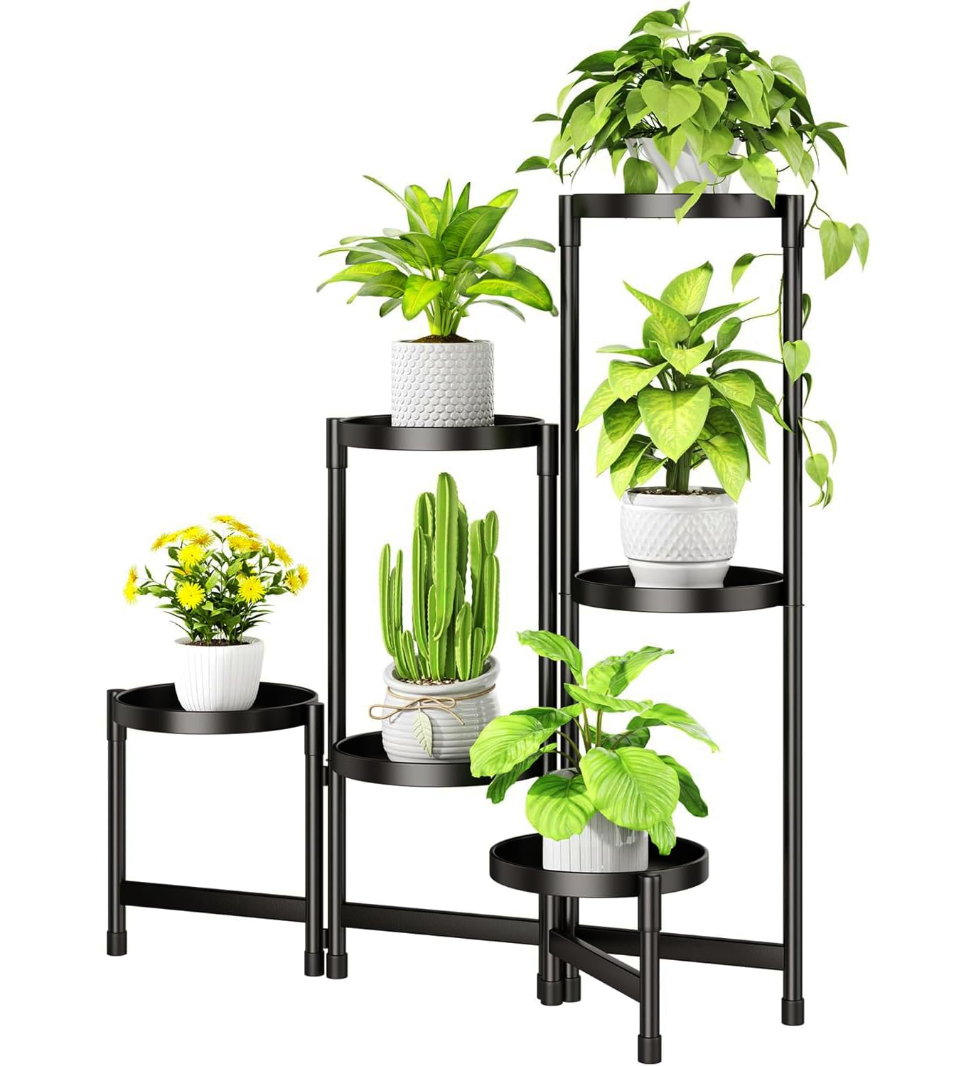 Biciyarn Plant Stand Indoor Outdoor with Metal Tray 6 Tiered Corner Plant Holders for Folding Plants Flower Pot Holder Display Stand for Living Room Balcony Garden-Black