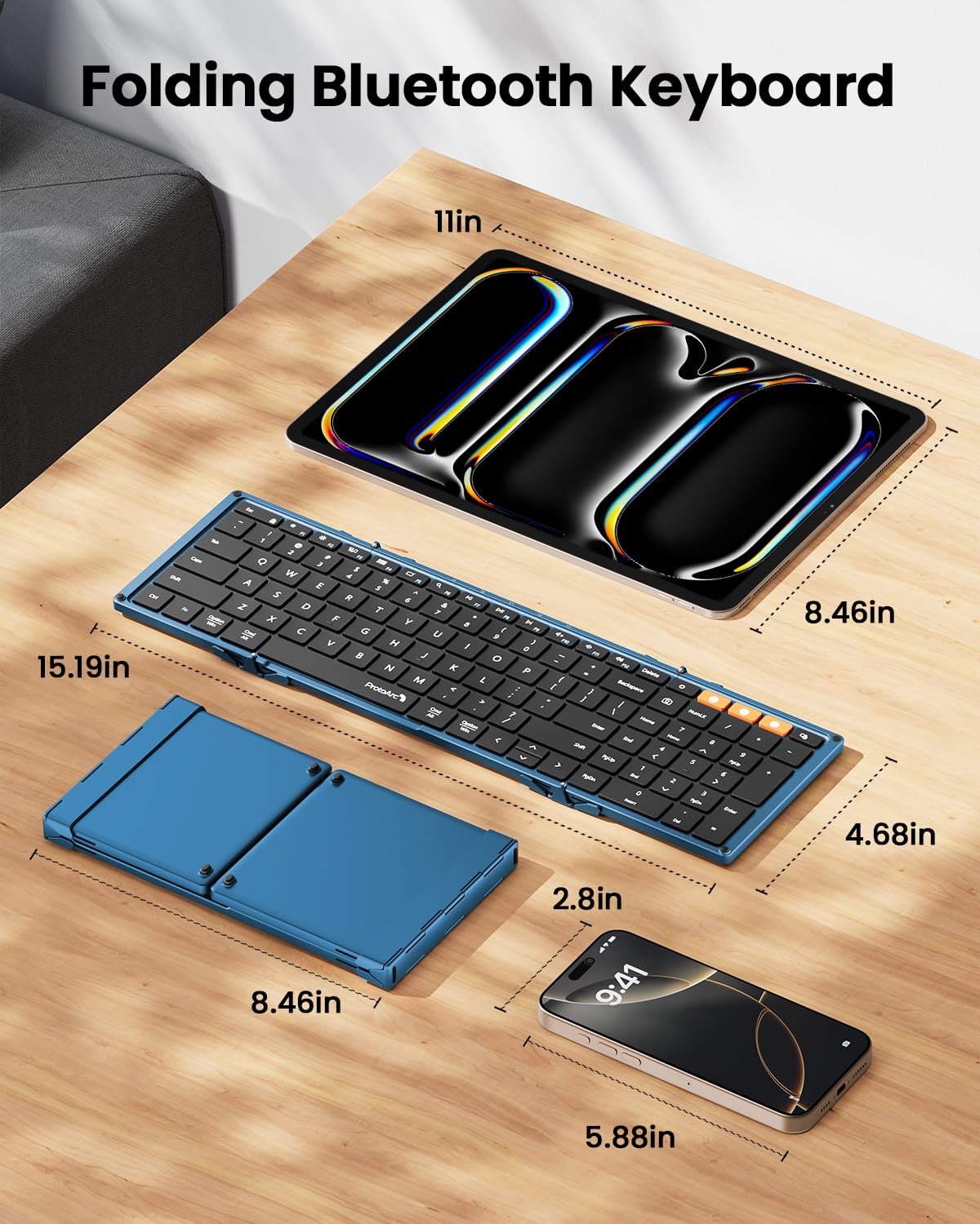 ProtoArc Foldable Bluetooth Keyboard, XK01 Folding Wireless Portable Keyboard with Numeric Keypad, Full-Size Travel Keyboards for iPad Tablet Smartphone Laptop PC Windows iOS Android, Black