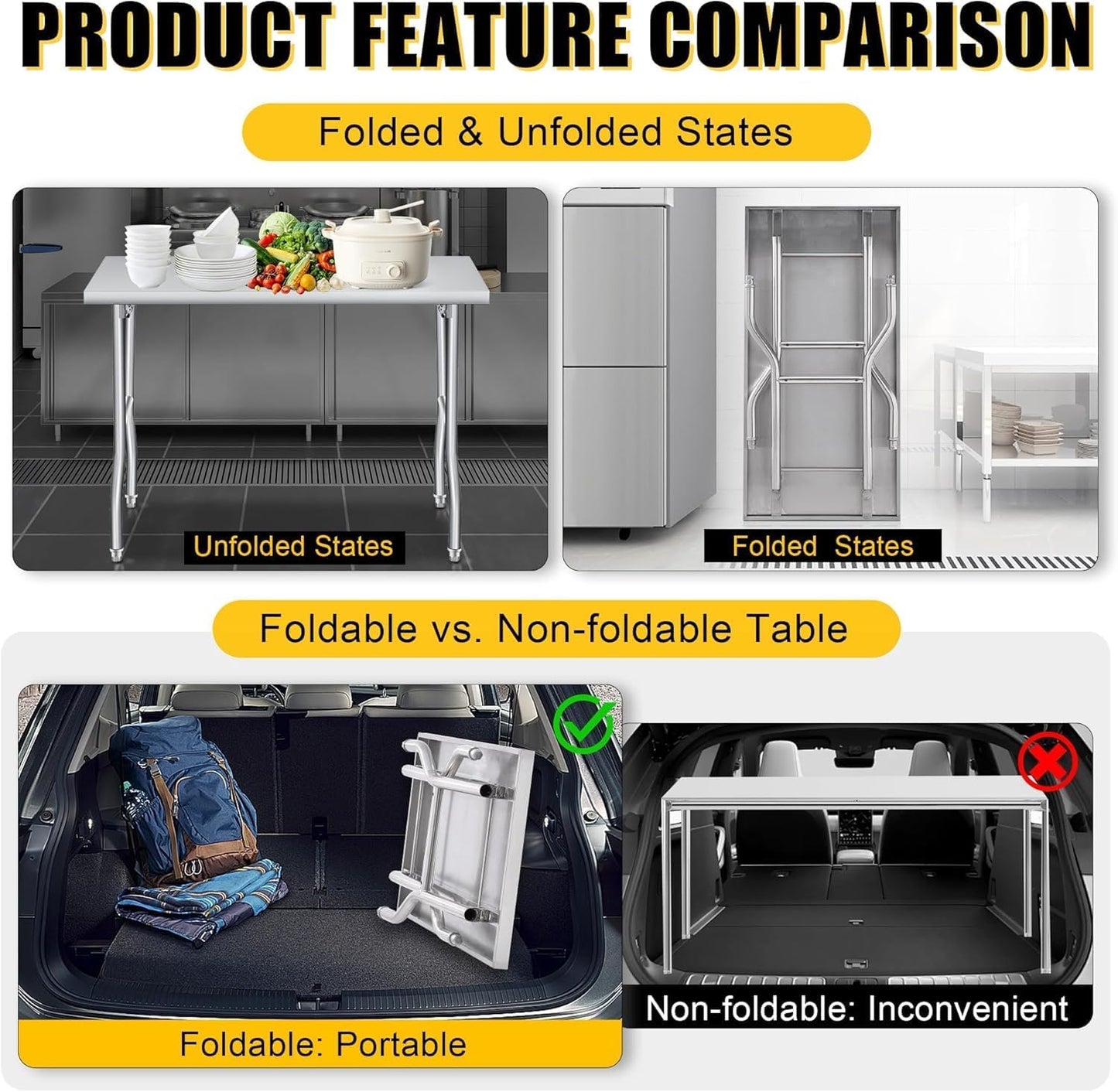 EliteEdge 48x30 in Folding Stainless Steel Table, 600 LB Capacity, Portable Metal Prep Workbench, No Assembly Required, for Kitchen, Laundry, Restaurant, Camping, Bar, Garage, Heavy Duty