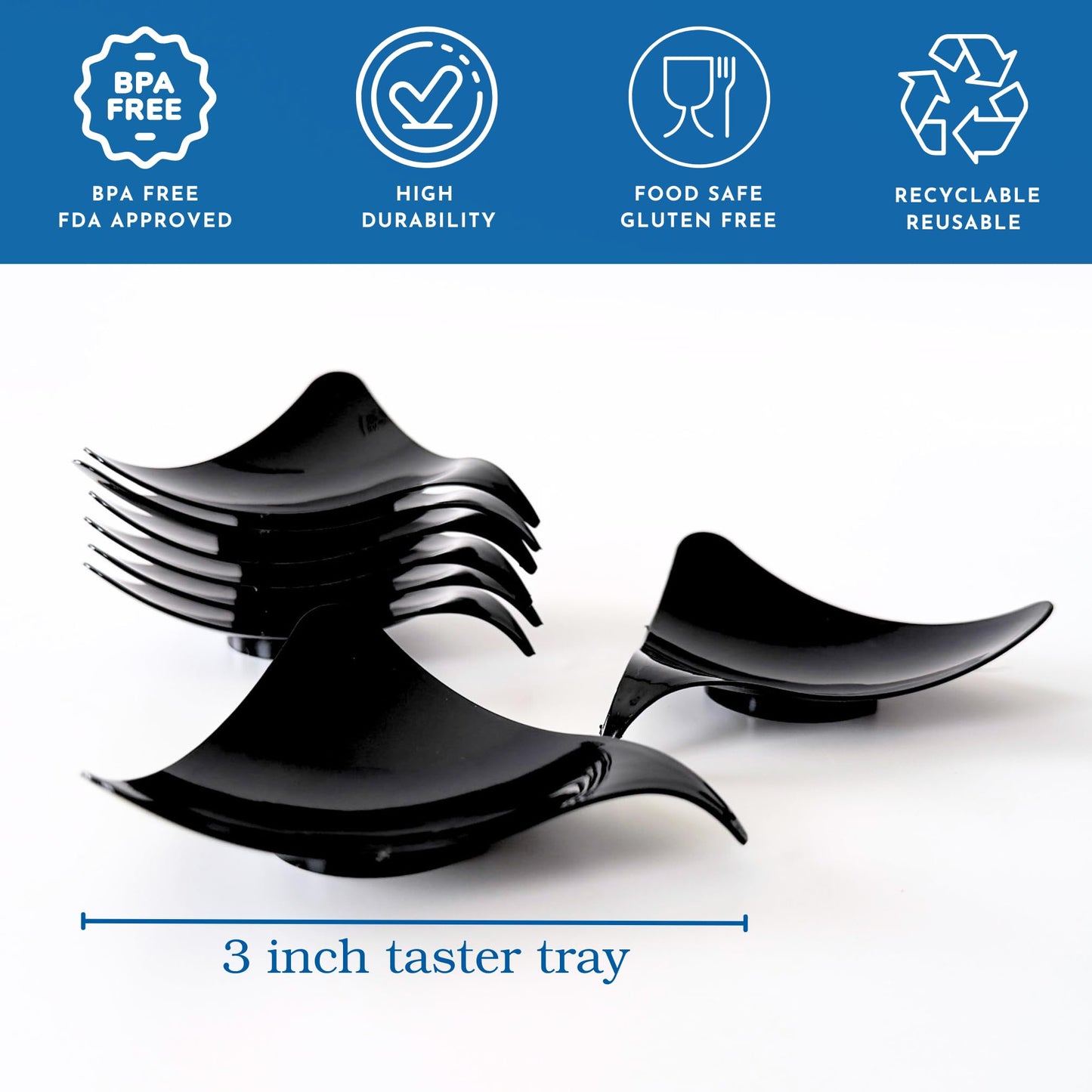 48ct Tiny 3" Black Serving Tray | Mini Appetizer Plates for Catering Supplies | Reusable 3 Inch Mini Plastic Plates | Tiny Serving Dish | Disposable Party and Bakery Supplies | CMJJ