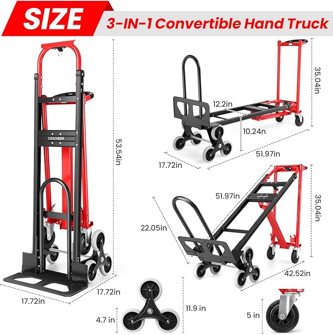 4-in-1 Hand Trucks Dolly 1000 LBS Stair Climbing Cart, Heavy Duty Industrial