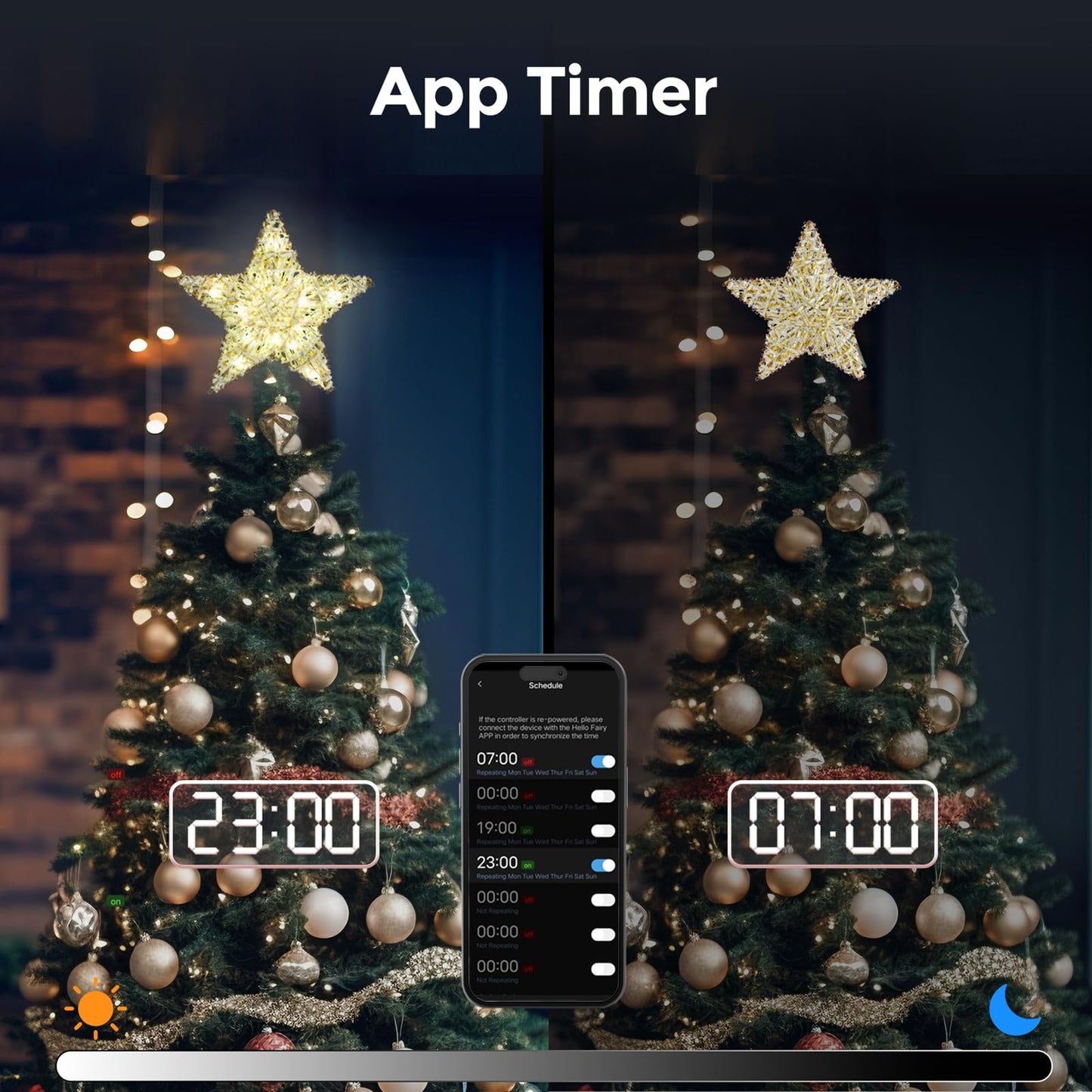 Smart Christmas Tree Topper, 9" RGB Star Tree Topper, Timer, App Control, USB Powered, Music Sync, Gold Tree Topper for Indoor Party Holiday Decor