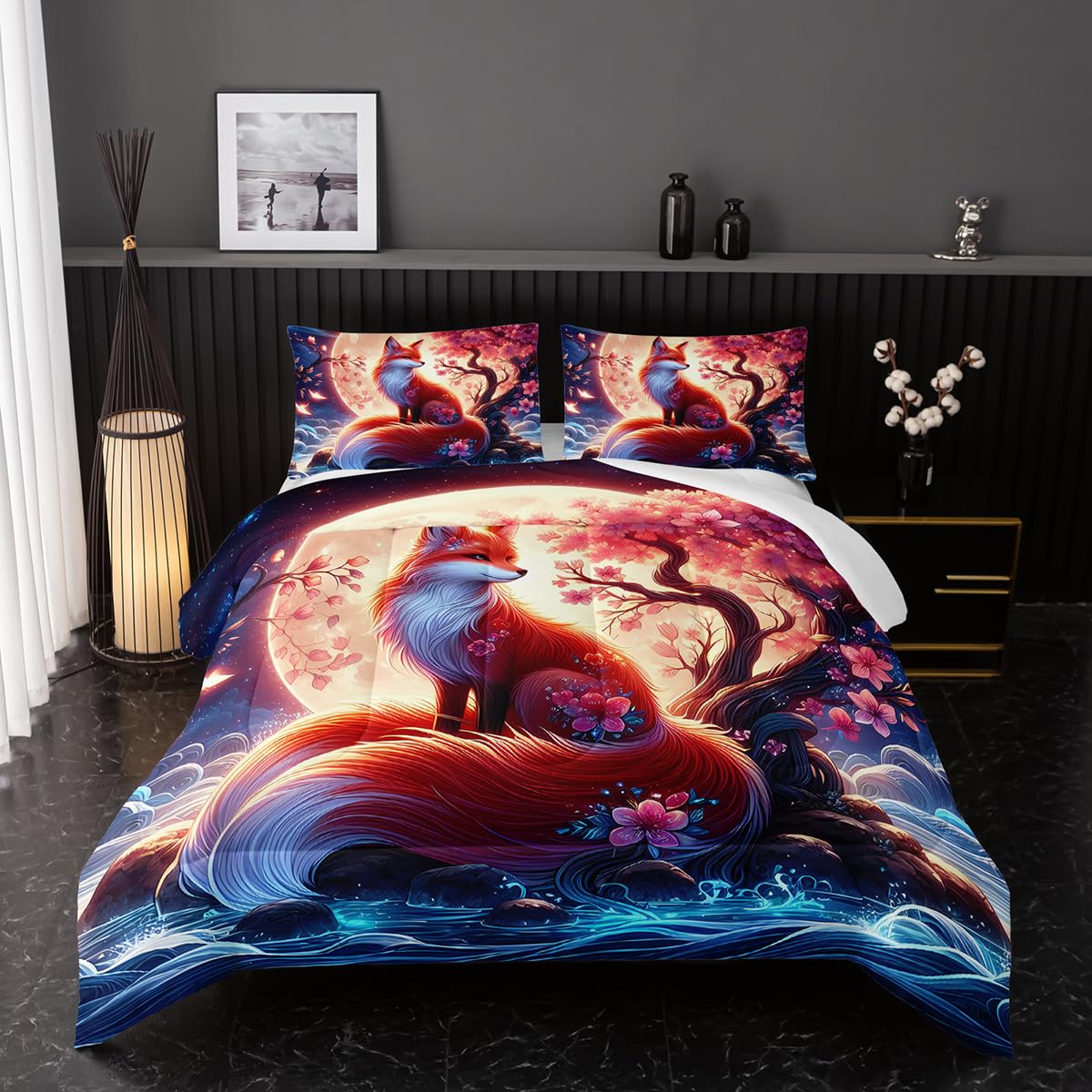 Nttopship Fox Comforter Bedding Set with 2 Pillowcase Full Size Cartoon Fox Sakura Comforter Set for Kids Boys Girls Bedroom Decor