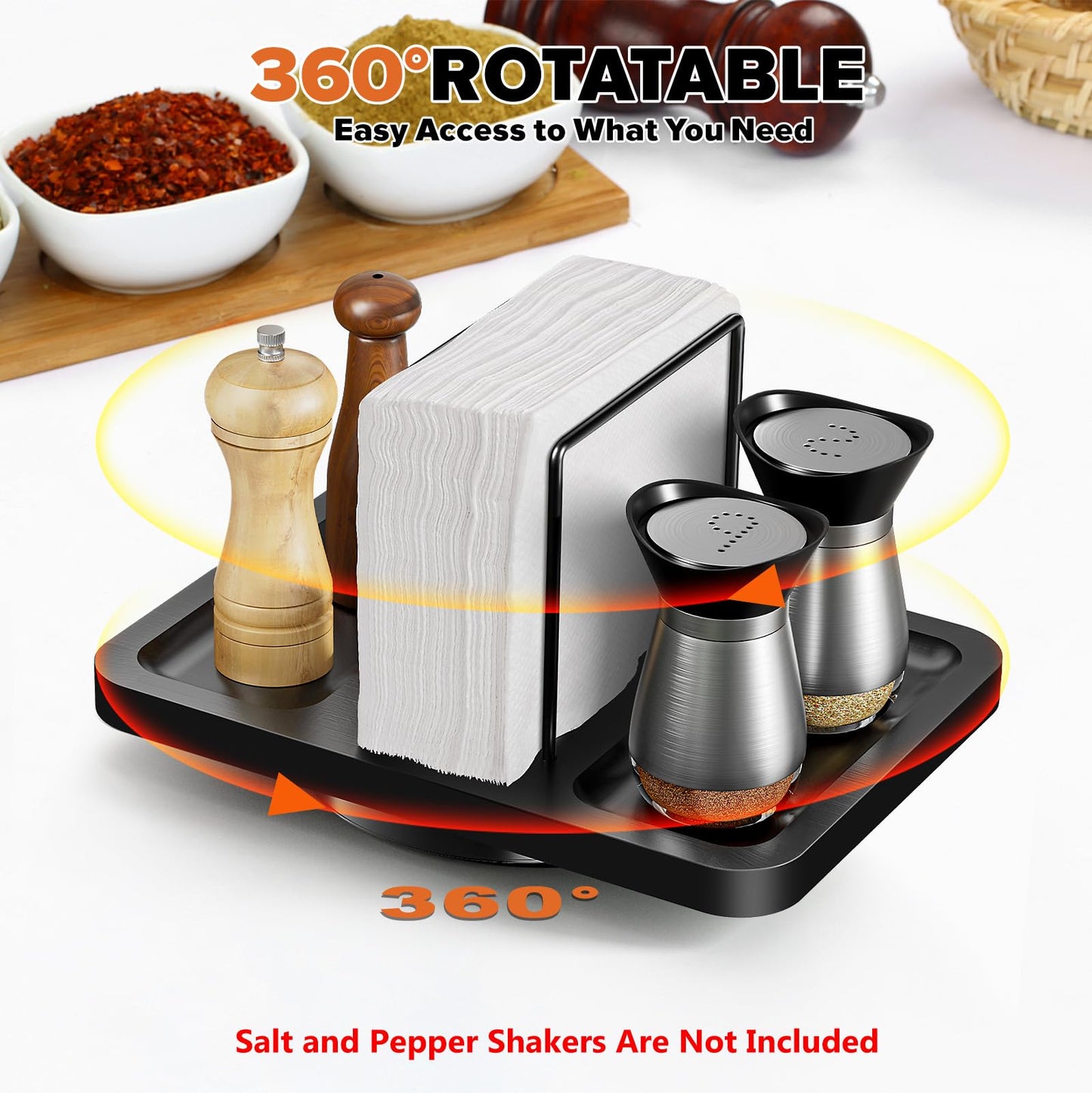 Rotating Napkin Holder for Table, Bamboo Standing Napkin Dispenser with Salt Pepper Shakers Caddy, Black Metal Hand Towel Holder for Bathroom Home Kitchen Farmhouse Decor Not Including Shakers