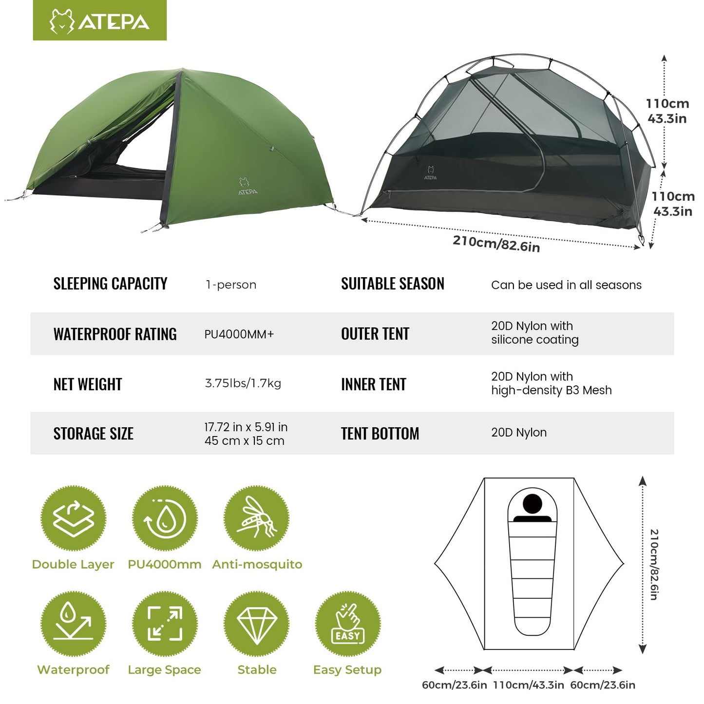 ATEPA Voyage 1 Person Backpacking Tent, Ultralight 20D SilNylon 4 Season Tent, 4000mm Waterproof Freestanding Camping Tent with Dual Doors & Expandable Vestibule for Hiking Bikepacking Mountaineering
