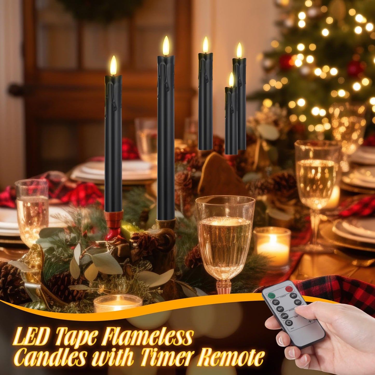 Retisee 20 Pcs Flameless Taper Candles with Timer Remote 6.5" 7.7" 8.9" 10" Plastic LED Candlesticks Battery Operated LED Candles for Indoor Home Wedding Christmas Decoration(Black)