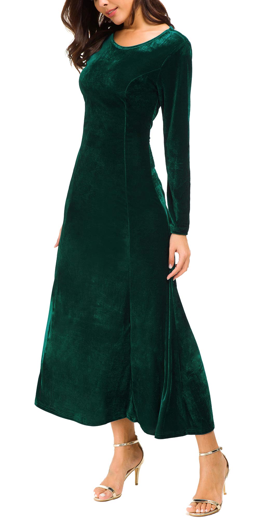 Urban CoCo Women's Elegant Long Sleeve Ruched Velvet Stretchy Long Dress (L, Green)