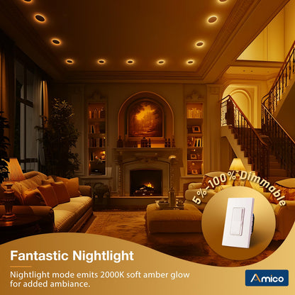 Amico 12 Pack 6 Inch 5CCT LED Recessed Ceiling Light with Night Light, 2700K/3000K/3500K/4000K/5000K Selectable Ultra-Thin Lighting, 12W=110W, 1100LM, Dimmable Canless Wafer Downlight ETL&FCC