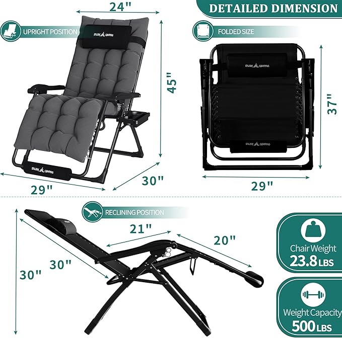 UDPATIO Oversized Zero Gravity Chair 33In XXL Patio Reclining Chair with Cushion, Outdoor Folding Recliner with Pillows, Cup Holder, Foot Rest & Padded Headrest, Support 500LB (2, Dark Grey-XL)