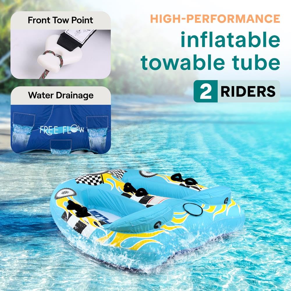 Serene Life Watersports Inflatable Towable Booster Tube - Two Person Water Boating Float Tow Raft, Inflatable Pull Boats/Tubes/Towables w/ Dual Seats, PVC Bladder, Foam Pad, Nylon Handles SLTOWBL10