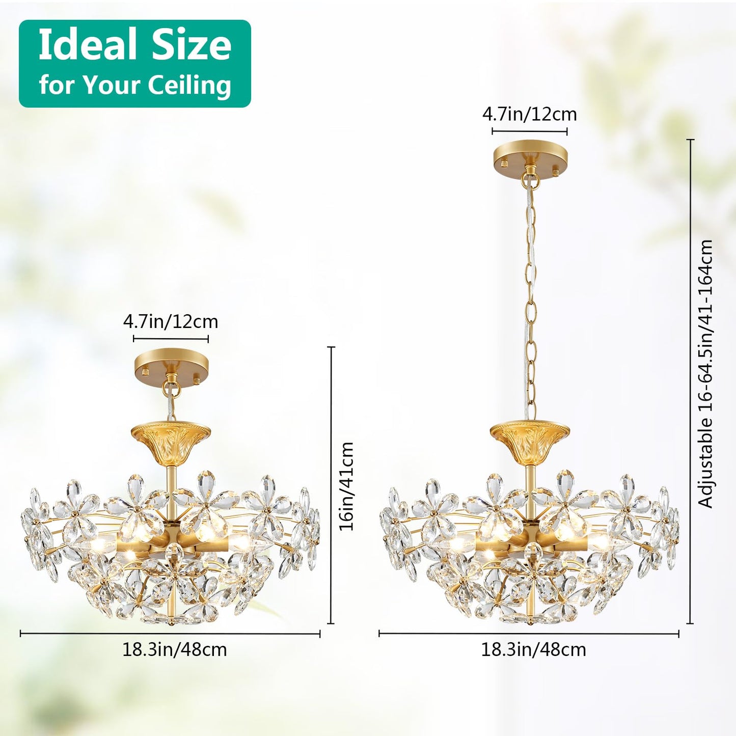 GlowEasely K9 Crystal Flower Chandelier for Dining Room, Living Room, Bedroom, Hallway, Kids Room, Foyer, Gold, Mayflower 6-Light Modern Pendant Chandelier, E12 Socket, D18.3 * H16~41inch (Adjustable)