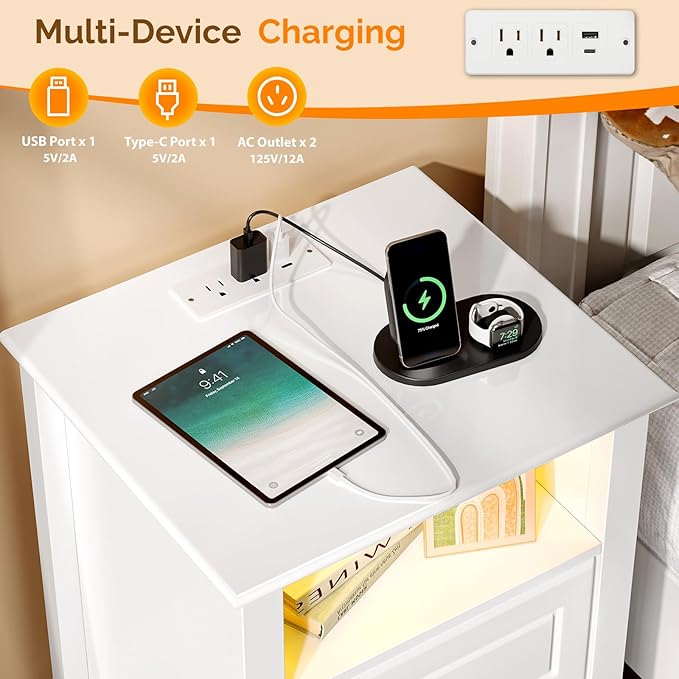 Bonnlo White Night Stand with Charging Station, Led Nightstand White Wood