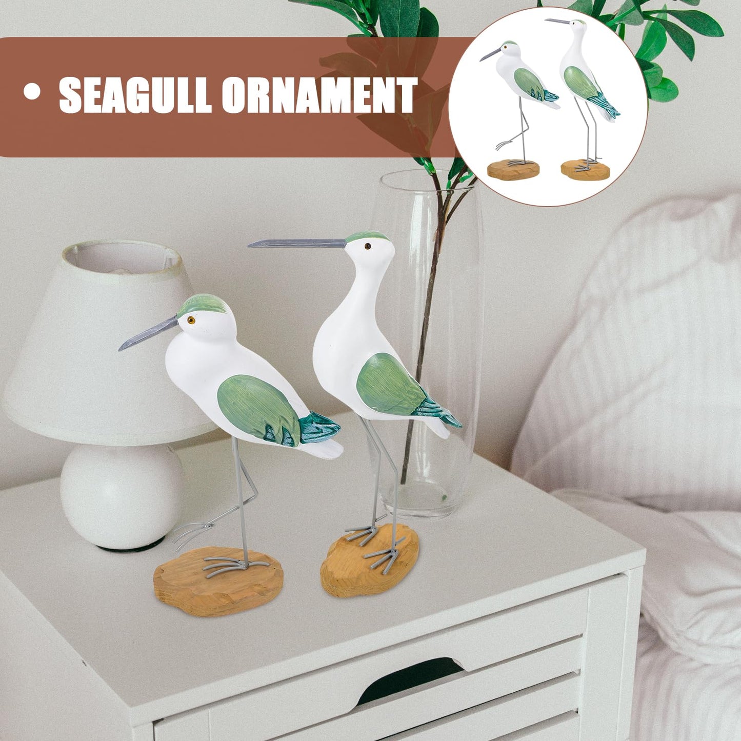 HEALLILY 2pcs Coastal Decor Wooden Seagull Figurine Bird Statue Nautical Coastal Ocean Home Decoration Green