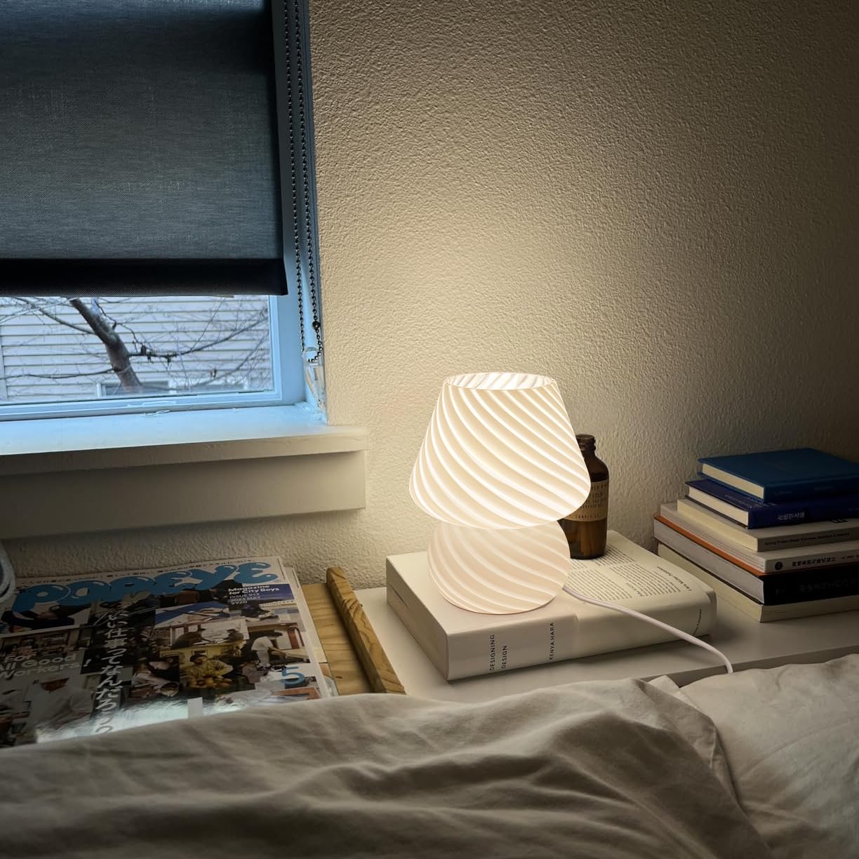 ONEWISH Mushroom Lamps Set of 2 - Small Bedside Table Lamp with Striped Glass, Nightstand Lamp for Bedroom, Living Room, Bulb Included(White)