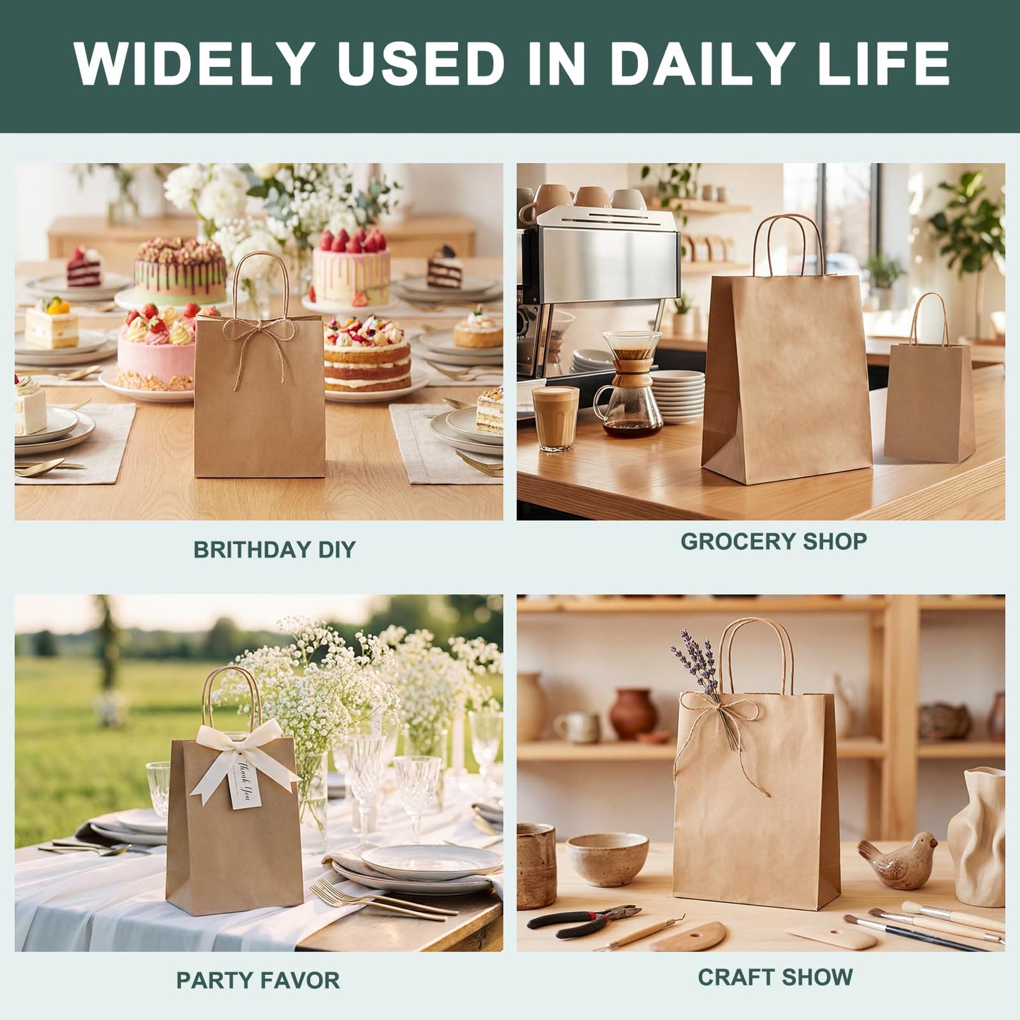 METRONIC Paper Gift Bags 5.25x3.75x8 50Pcs, Christmas Gift Wrap Bags with Handles, Brown Kraft Paper Bag for Small Business, Bulk Party Favors Bag for Birthday, Shopping, Retail, Made in USA