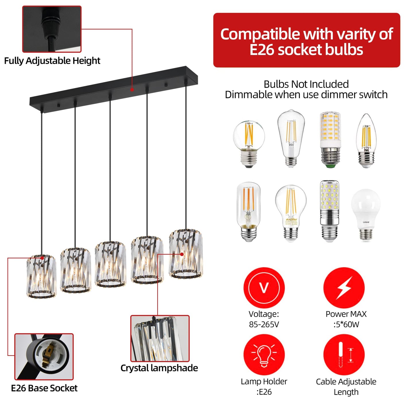 BESTWEST Linear Crystal Chandelier 5-Light Black, K9 Crystal Island Pendant Lighting Large Rectangular Ceiling Light Fixture, Adjustable Hanging Light for Kitchen Island Dining Room Living Room, E26