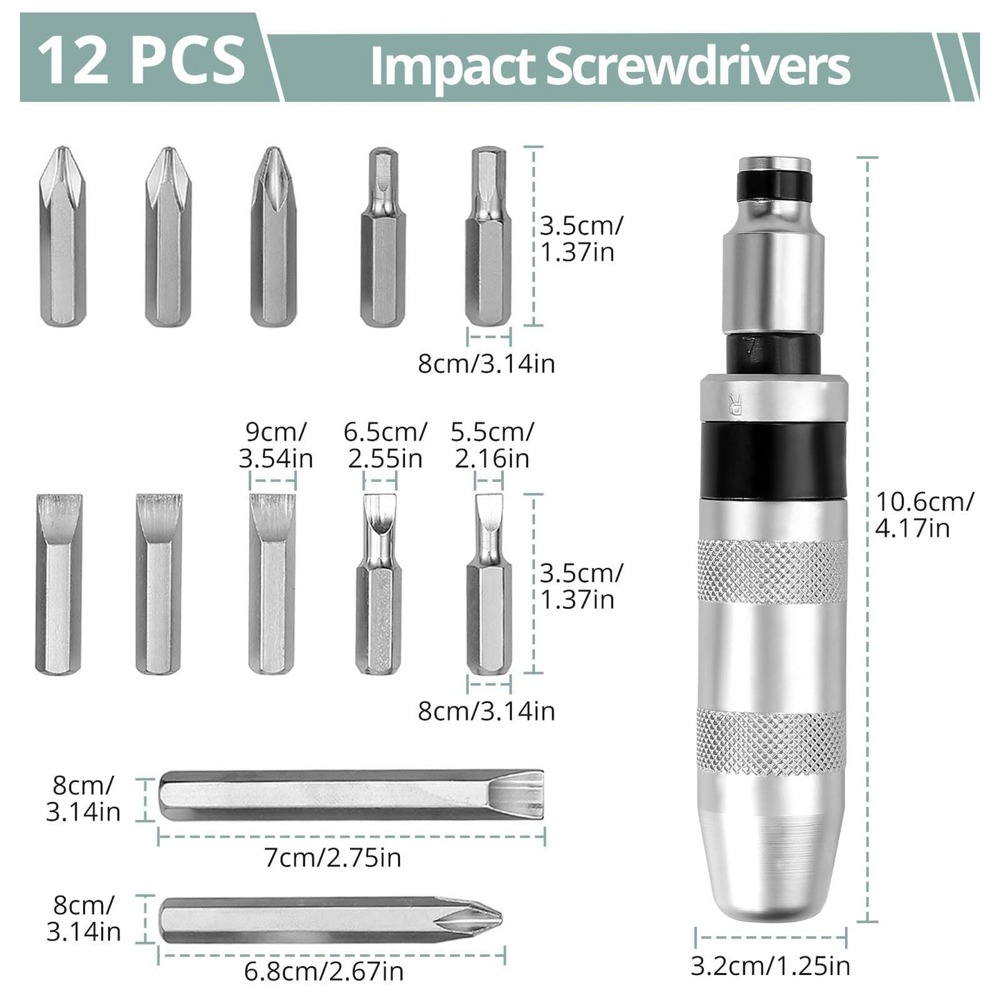 COLFULINE 12+1PCS Impact Screwdriver Set, Hand Impact Driver Bits - Heavy Duty Slot Cross Head Hex Bits with Manual Impact Corrector Screwdriver 1/2 Inch Square Drive