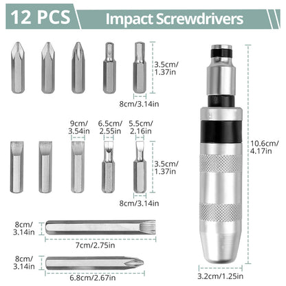 COLFULINE 12+1PCS Impact Screwdriver Set, Hand Impact Driver Bits - Heavy Duty Slot Cross Head Hex Bits with Manual Impact Corrector Screwdriver 1/2 Inch Square Drive