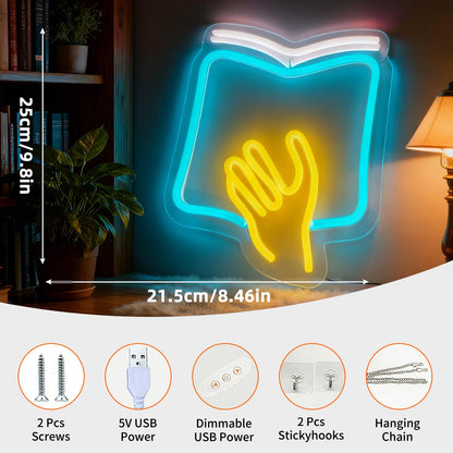 Reading Theme LED Neon Sign, Book with Hand Shape Neon Light, Library Study Room Home Bedroom Wall Table Decor, USB Powered Dimmable Decorative Light 9.8 x 8.5 In