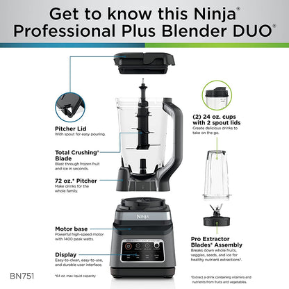 Ninja BL660 Professional Compact Smoothie & Food Processing Blender, 1100-Watts, 3 Functions -for Frozen Drinks, Smoothies, Sauces, & More, 72-oz.* Pitcher, (2) 16-oz. To-Go Cups & Spout Lids, Gray