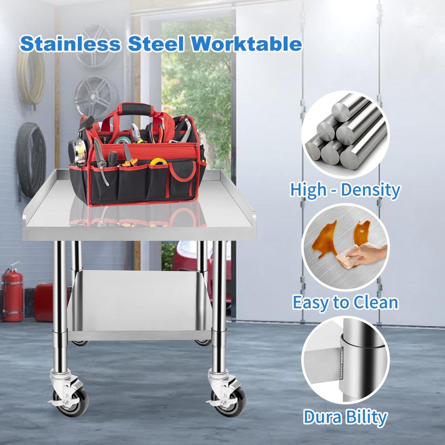 Hutioai Stainless Steel Worktable with Under Shelf & 360° Lockable Casters - Practical for Commercial Kitchens & Workshops (24 * 24 * 26in)