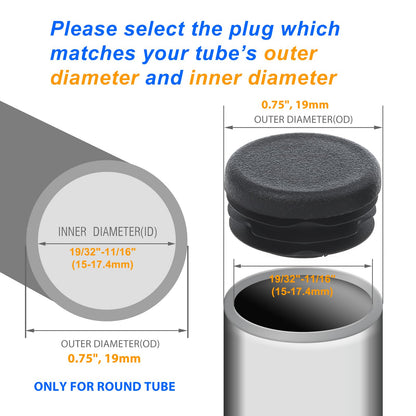 12Pcs Round Plastic Plug, End Caps for Tubing Pipe ID 16-18.4mm & OD 3/4 Inch (20mm), Steel Furniture Foot Table Chair Leg End Insert Plug Cap Covers Protector, Bar Stool Glides, Fence Plugs