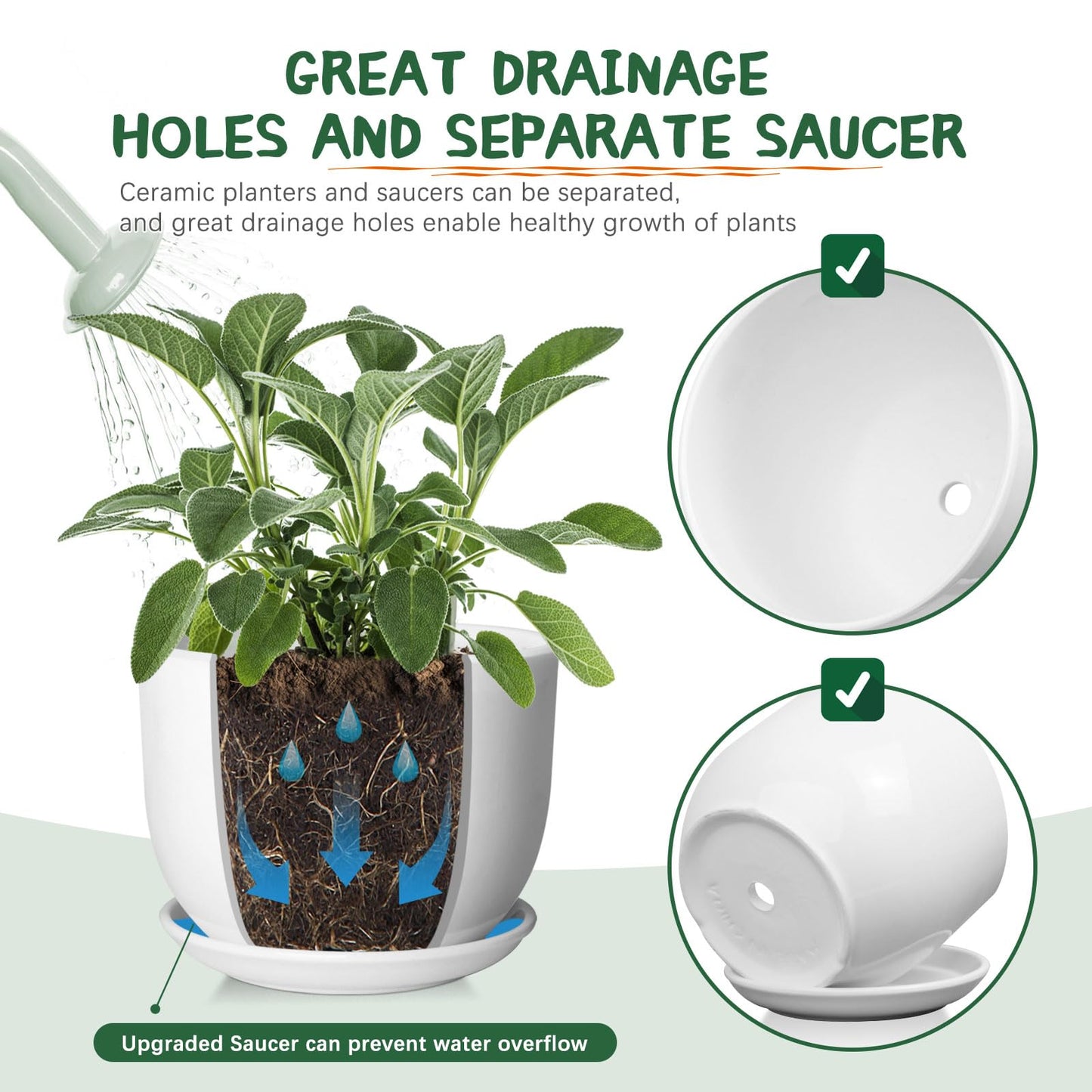 YUFDA Ceramic Plant Pots,White 5.5 Inch Flower Pots for Plants,Ceramic Planter with Drainage Holes,Indoor Planter Pots with Saucer,Outdoor Garden Pots (White, 4 Pack)