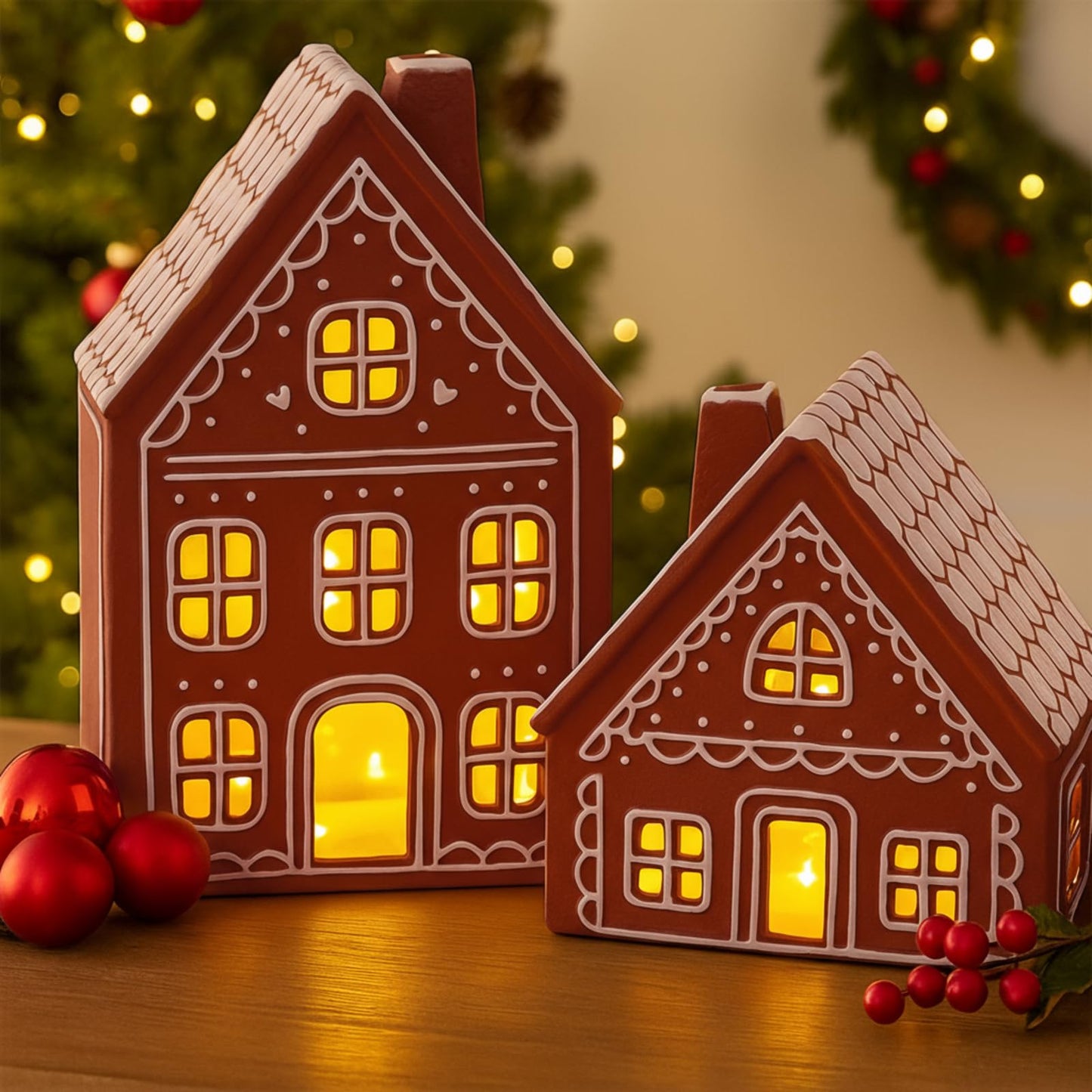 Funnymoom 2 Sets Lighted Ceramic Iced Gingerbread Houses Christmas Decorations Indoor Pre Lit LED Gingerbread Houses Christmas Kitchen Tabletop Decor for Table Centerpiece Xmas Holiday Party Gifts