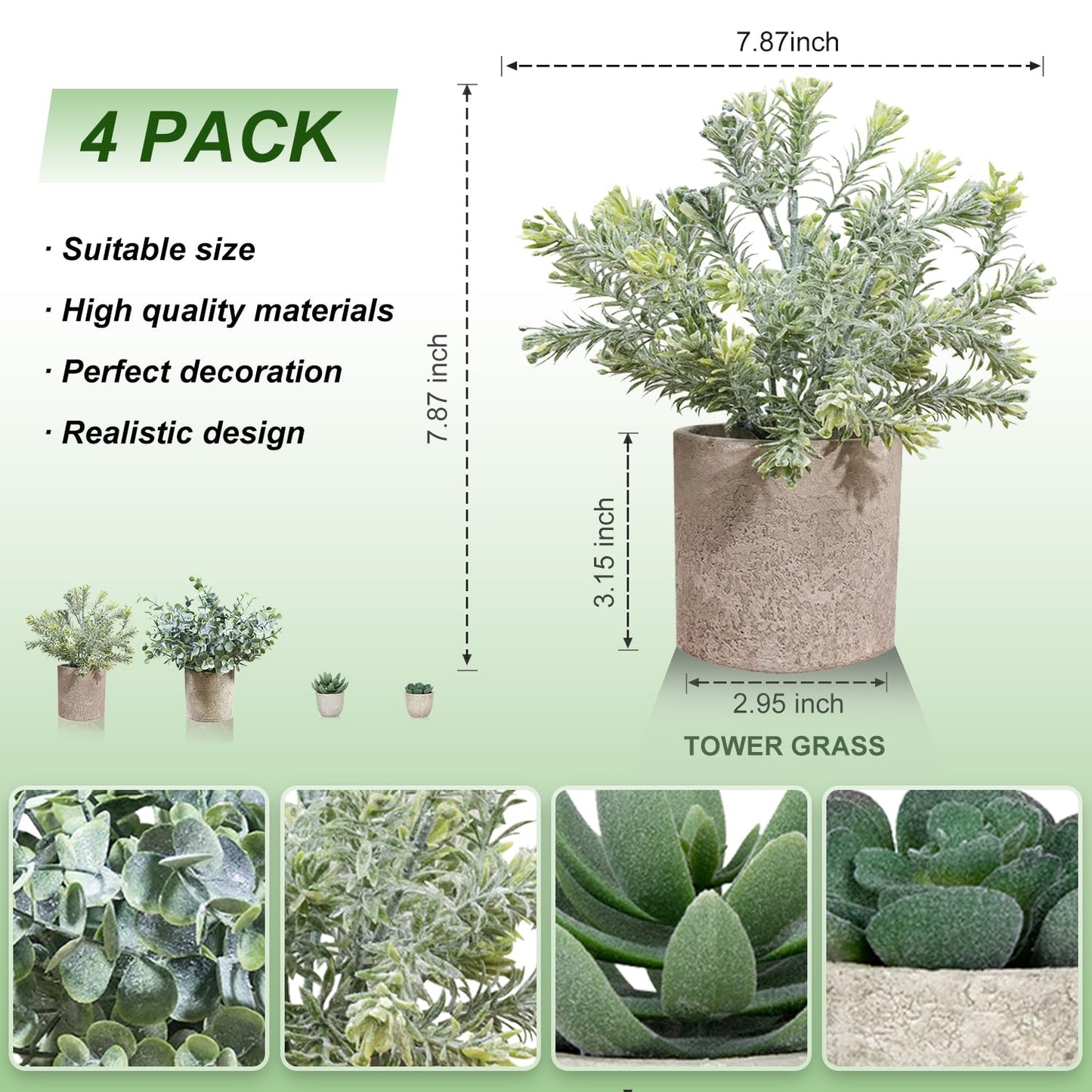 4 Pack Small Fake Plants in Pots, Artificial Eucalyptus Plants & Succulents, Mini Faux Plants for Desk Shelf Office Decor, Realistic Fake Potted Plants Indoor Home Decor