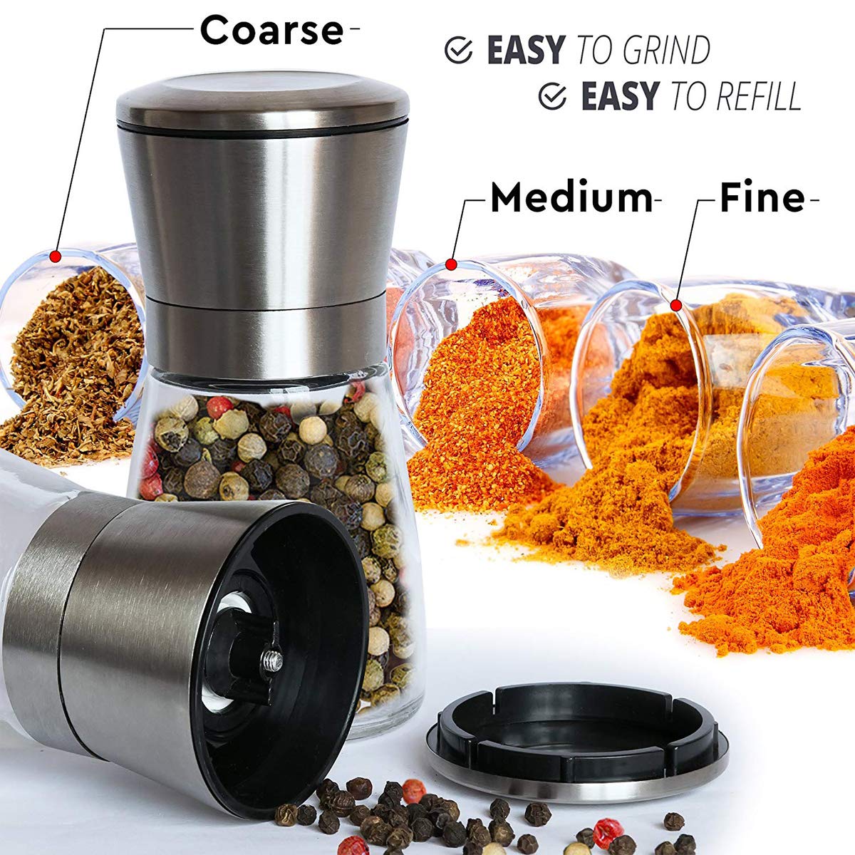 Premium Stainless Steel Salt and Pepper Grinder Set - Short Glass Shaker, Pepper Mill & Salt Mill with Adjustable Coarseness, Refillable for Himalayan or Sea Salt, Black Peppercorn, with Bonus Stand