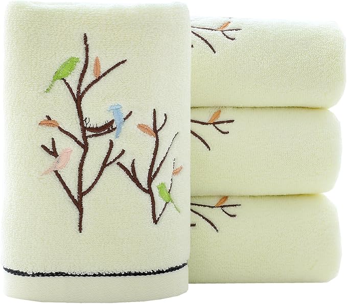 Pidada Hand Towels Set of 4 Embroidered Bird Tree Pattern 100% Cotton Absorbent