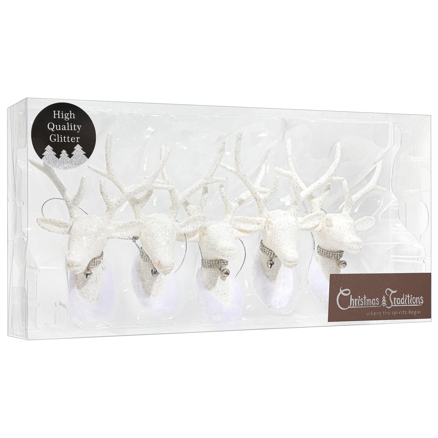 Christmas Traditions 6 inch Glittered Iridescent White Reindeer Head (Set of 5) Ornaments Hanging Tree Decorations (Platinum White) (Large)