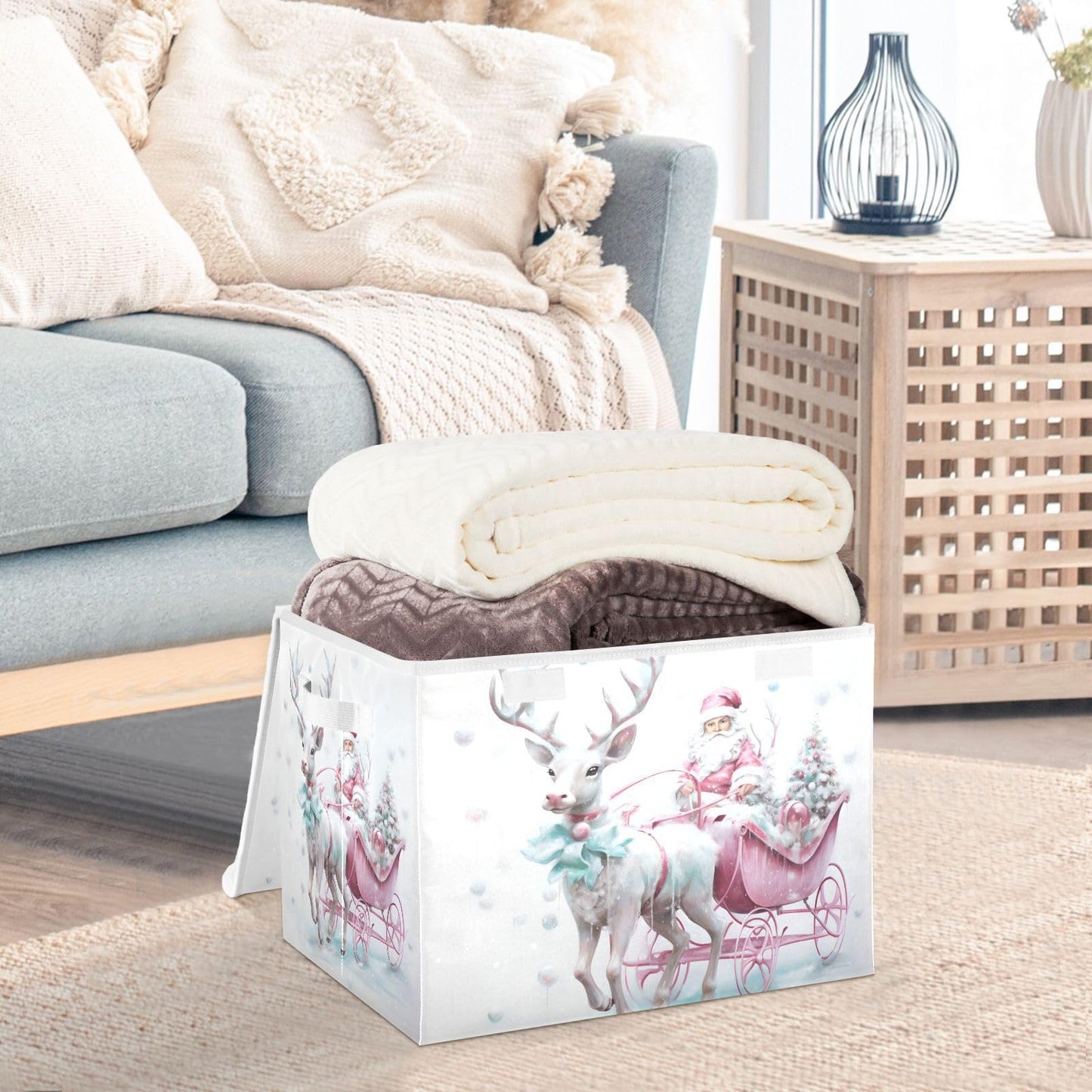 Christmas Baskets Collapsible Storage Bins with Lids, Christmas Santa Claus Pink Reindeer Storage Boxes Clothes Baskets for Organizing