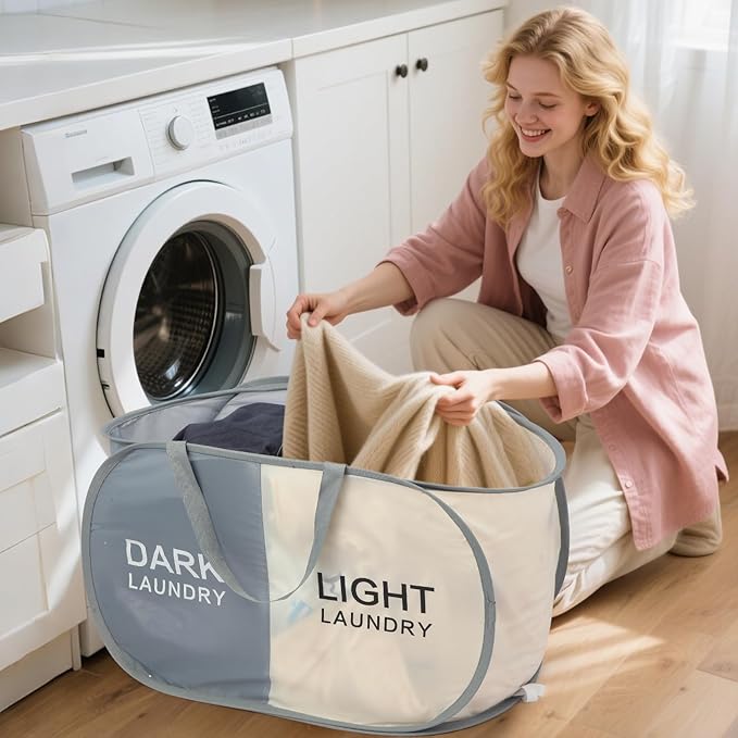 Seefoo 2-Section Collapsible Laundry Baskets, Dual Compartment Foldable Pop Up