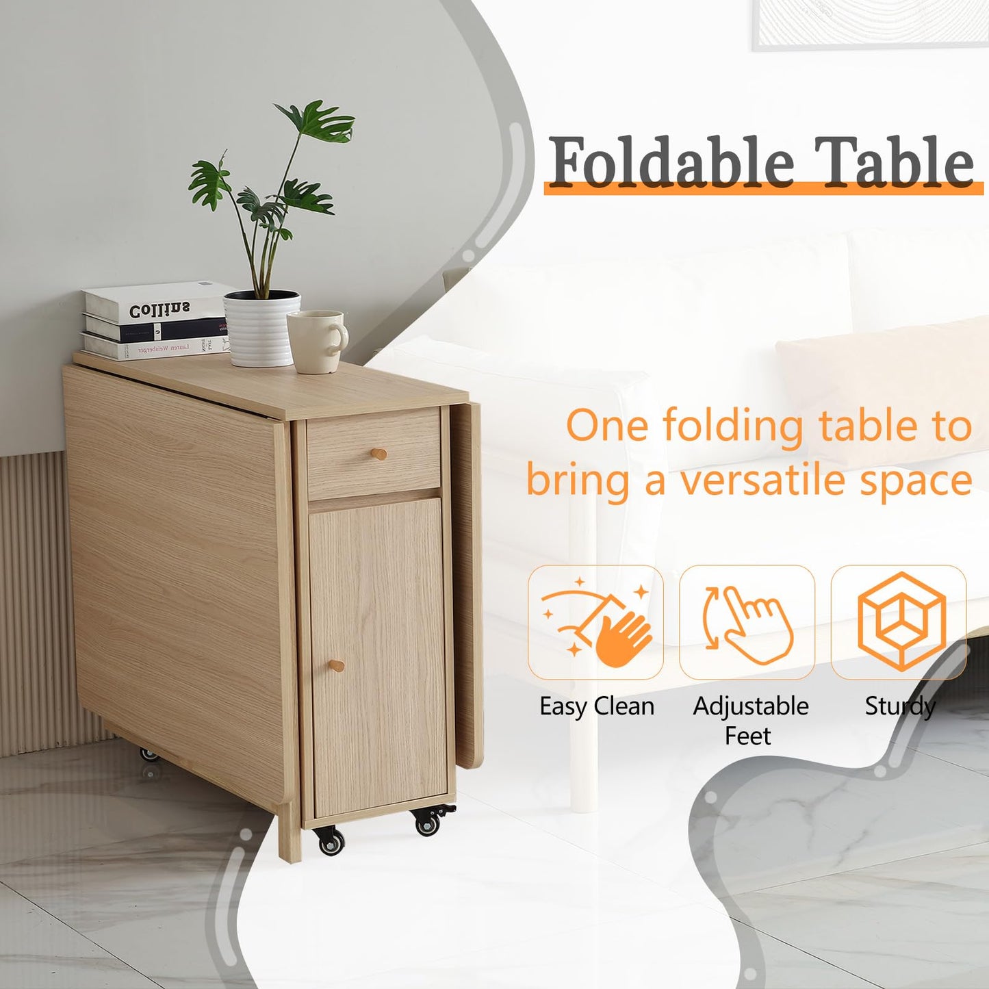 COMUHOME Wood Drop Leaf Folding Dining Table with 2 Drawers and 4 Wheels, Wood Padded Folding Chairs Set of 2, Space Saving Dining Table with 2 Chairs