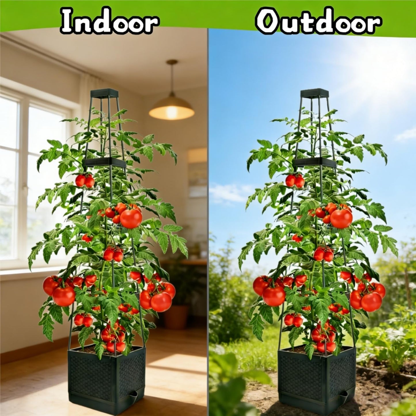 TESSTSY 2Pcs Raised Garden Bed Tomato Planter Box with Trellis, 57 Inch Self-Watering Large Tomato Cage for Patio Garden Pots, Climbing Plants Cucumber Vine Vegetables Flowers Outdoor & Indoor