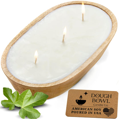Dough Bowl Candle Co. Mediterranean Fig Soy Candle - 3 Wick Rustic Farmhouse Coffee Table Decor, Odor Eliminator in Wooden Bowls, 20 Ounce Wooden Dough Bowl Candle, All-Natural Gifts for Women or Men