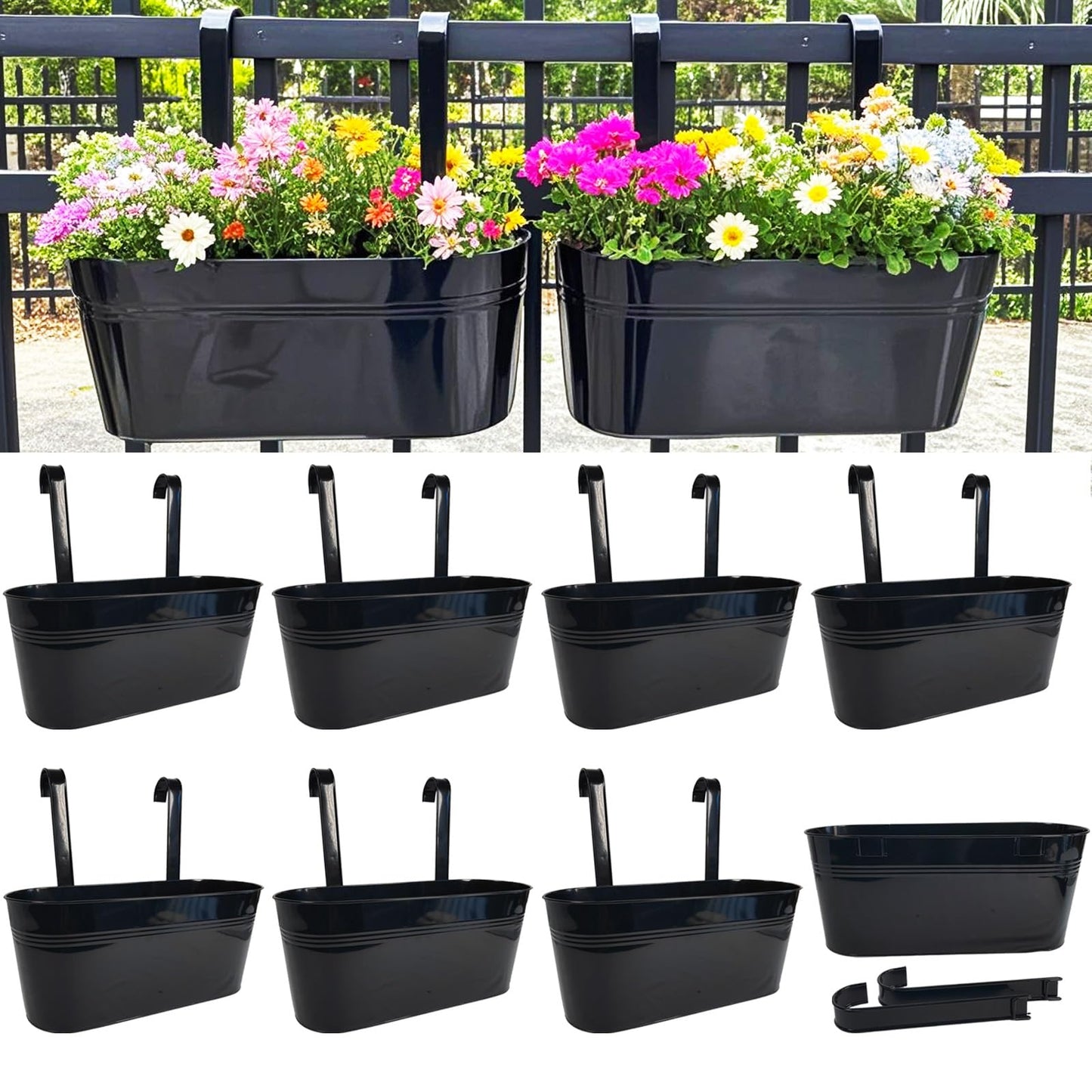 Joyfernal Hanging Planters for Outdoor Plants, 17" Railing Planter Pots, Metal Fence Flower Pot for Porch Balcony with Detachable Hookt (Black, Pack of 8)
