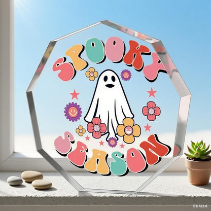 BHOOKA Cute Halloween Ornaments Clear Acrylic Enneagon Shaped Desk Sign Little Ghost & Flower Theme Plaque Happy Halloween Decorations for Holiday Party Home, Desktop Ornament Gifts