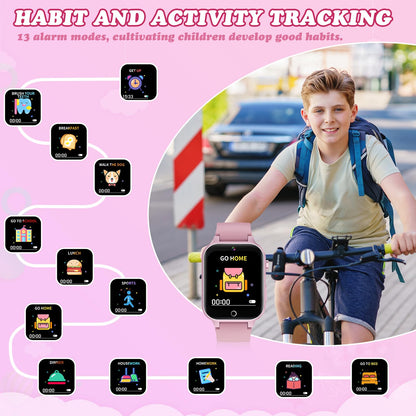 ST-CARE Kids Smart Watch with Camera, Video, Music Player, Alarm Clock, Stopwatch, Calendar, Pedometer, 1.54'' HD Touchscreen, Shockproof, IP68 Waterproof for Girls Boys 6-12 Years Old (Pink)