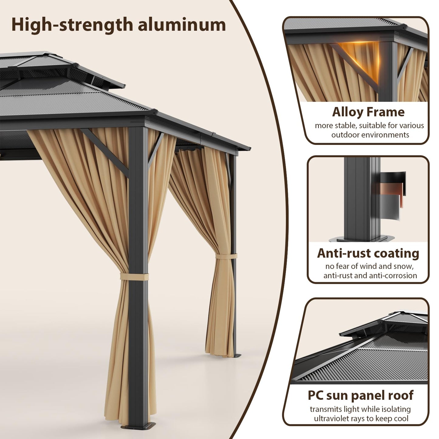 10' X 12' Hardtop Gazebo Canopy, Double Roof Canopy with Netting and Curtains, Outdoor Aluminum Frame Pergola, Heavy Duty Permanent Metal Pavilion for Patio Deck Backyard, Khaki