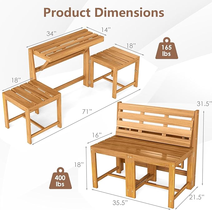 Tangkula 3-in-1 Convertible Bench Picnic Table, Space-Saving Patio Convert A