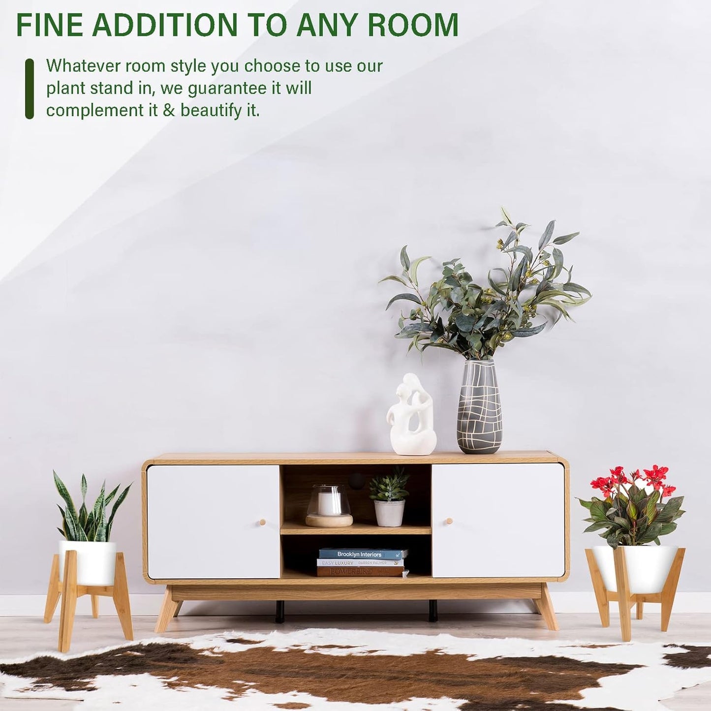 LEIMO KPARTS Adjustable Bamboo Plant Stand (8-12 inches), Mid Century Modern Indoor Plant Holder