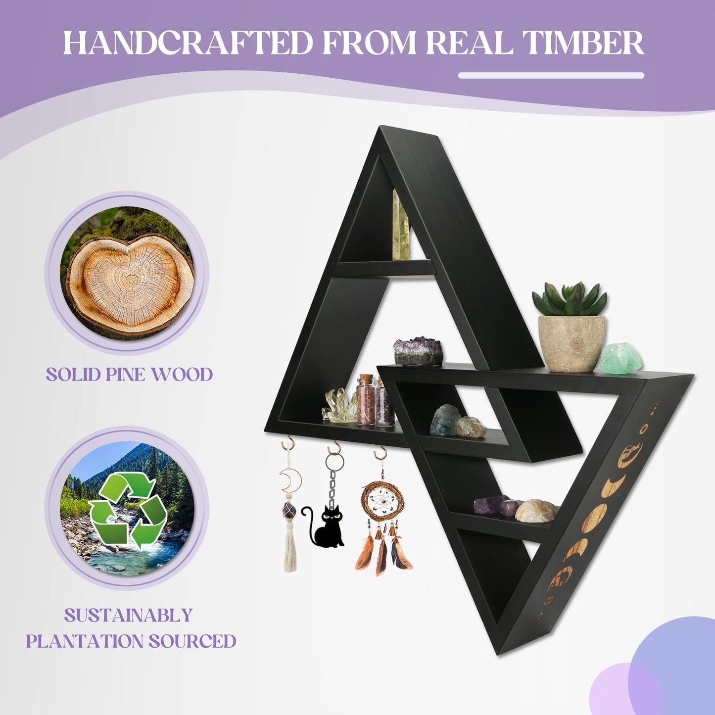ANROYE Moon Phases Triangle Shelf with Hooks, Wiccan Black Wood Crystal Shelves for Storage Women Jewelry Gem Stone, Pagan Pyramid Geometrical Decor Holder Display for Altar Meditation