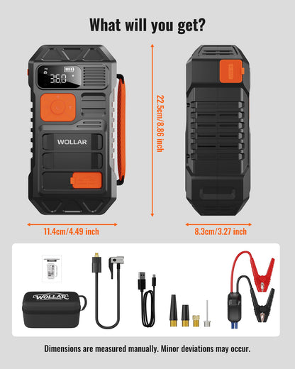 WOLLAR 4000A Peak Jump Starter with Dual-Cylinder Air Compressor - 5-in-1 Car Battery Jumper Starter, 12V Portable 160PSI Ultra-Fast Tire Inflator, 24000mAh 88.8Wh Jump Box for 10L Gas/Diesel Engines