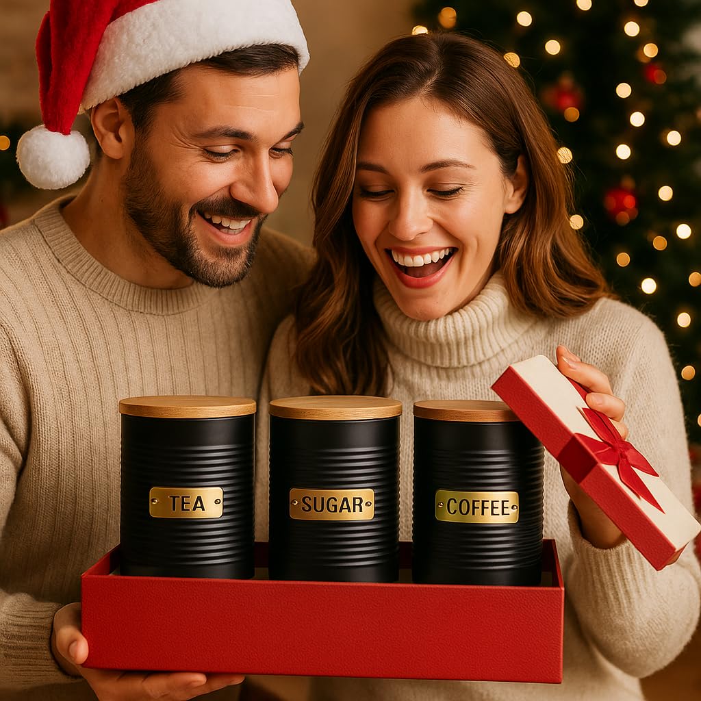 Black Metal Canisters with Wooden Lids – Set of 4 Airtight Storage Tins for Coffee, Tea, Sugar & More – Modern Ribbed Kitchen Containers with Brass Labels