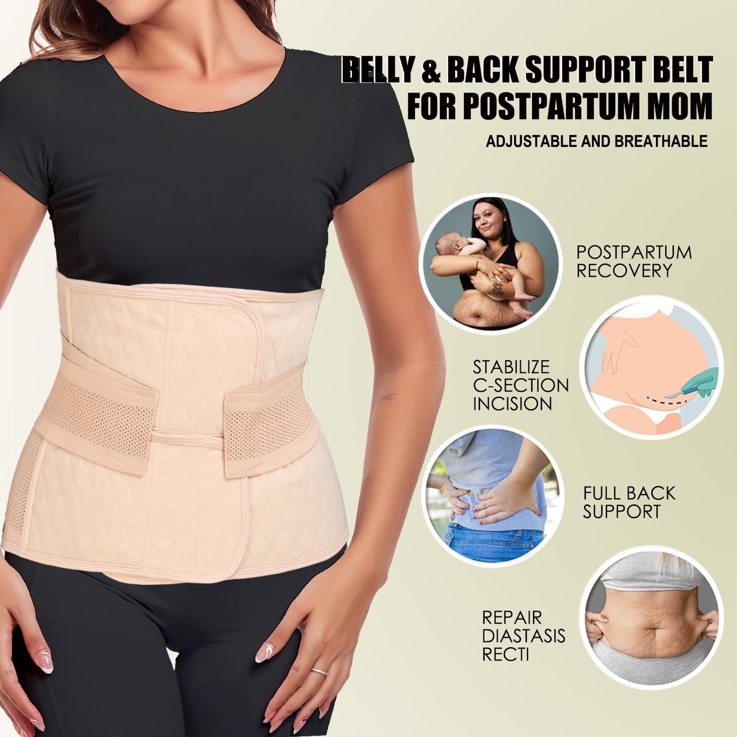 MAMODY Postpartum Belly Band – Postpartum Belly Wrap, Abdominal Binder Post Surgery C-section Recovery Support Belt After Birth Brace, Slimming Girdles (Classic Beige, L)
