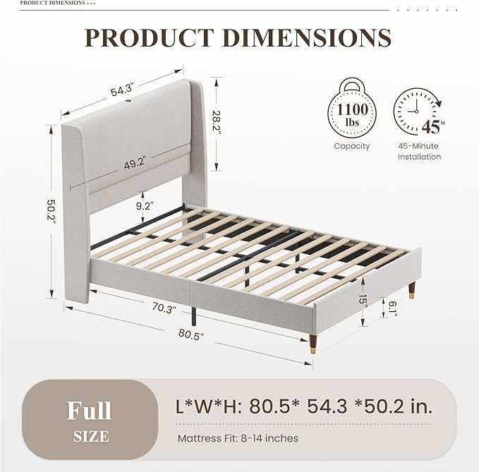 MALOL Full Size Bed Frame with Upholstered Headboard, Linen Fabric Platform Bed