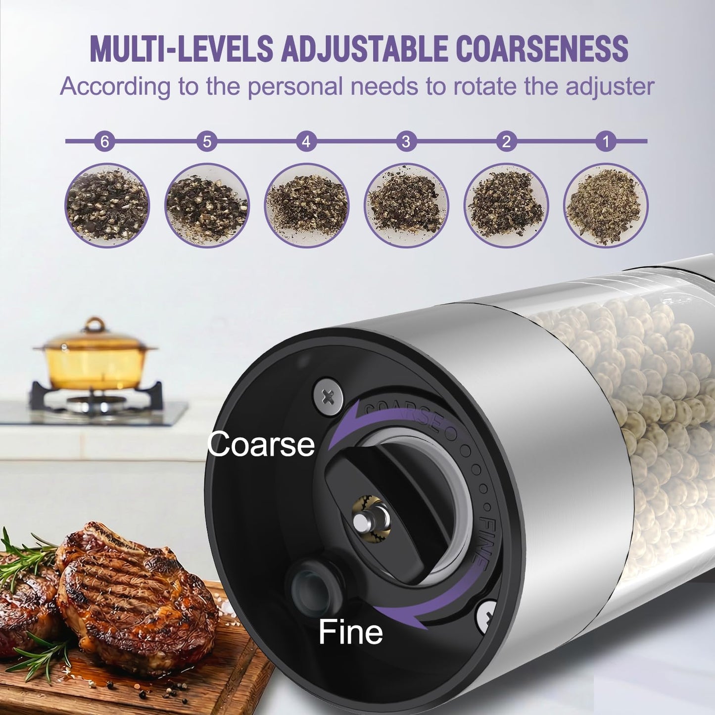 Electric Salt and Pepper Grinder Set, Automatic Pepper Mill Grinder w/Upgraded Charge Base and LED Light,Adjustable Coarseness,Rechargeable Black Peppercorn & Sea Salt Spice Mill Set